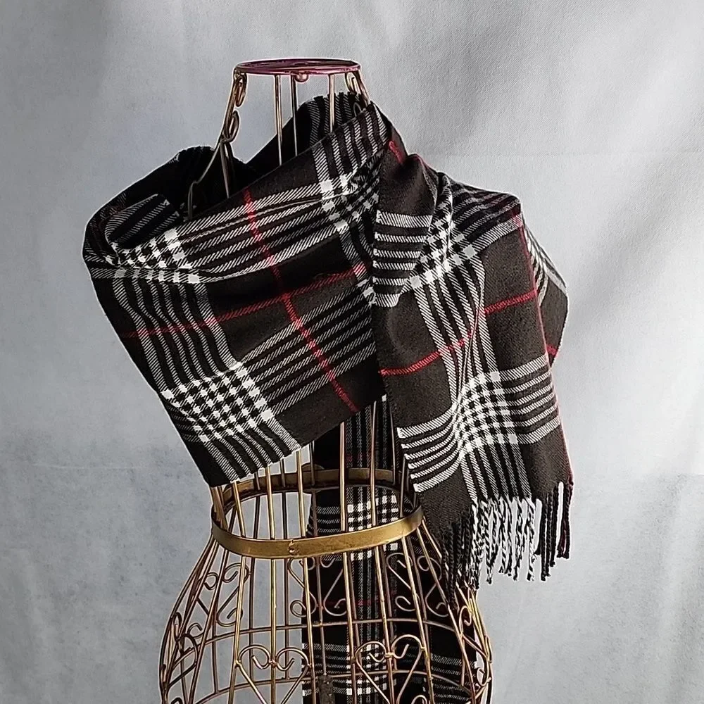 Luxury Cashmere Braided  Fringed Buttery Soft Plaid Scarf Chocolate Brown